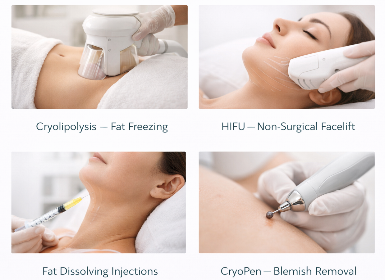 A calm, professional treatment room with a practitioner preparing to administer a non-surgical treatment to a patient.