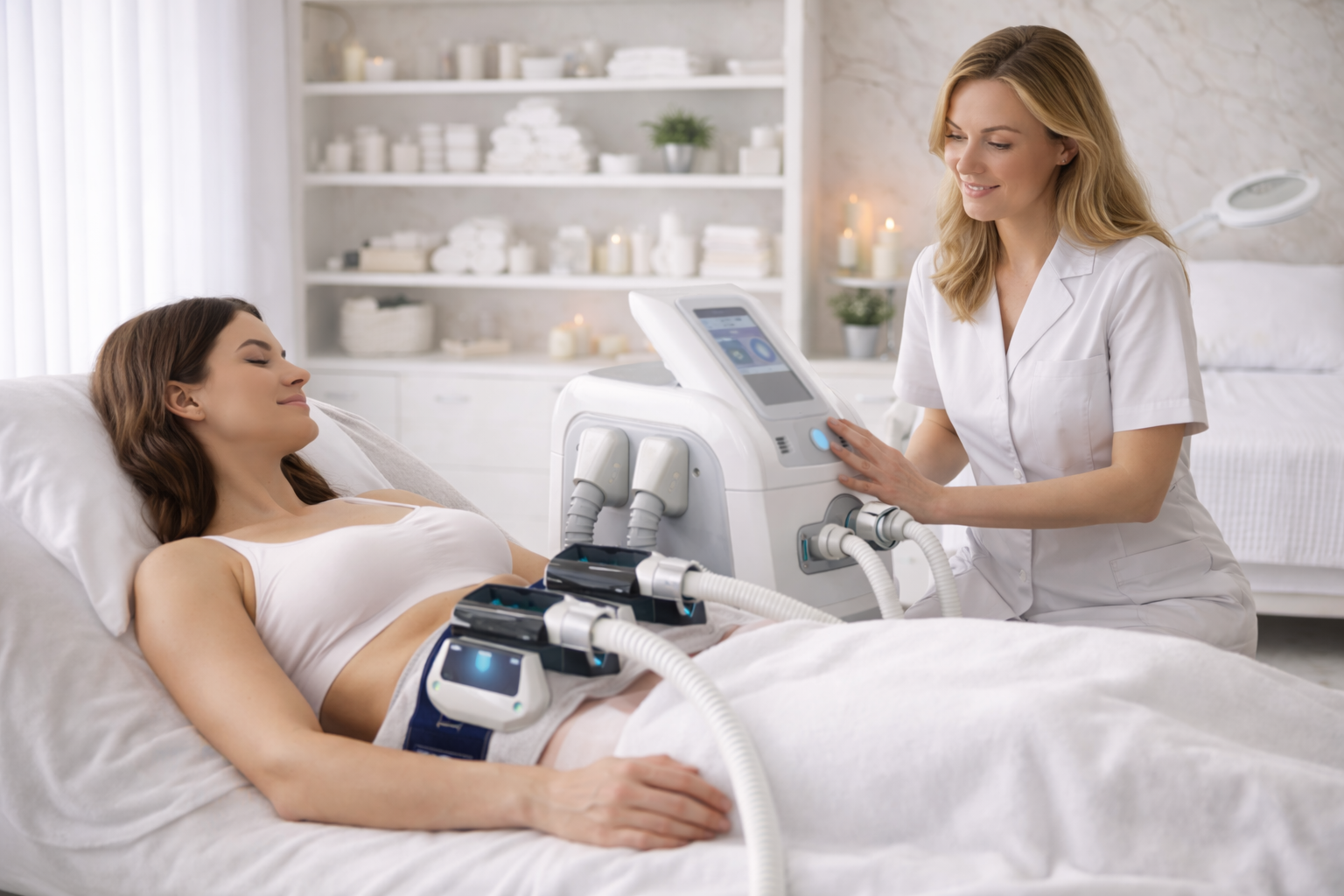 A treatment room with a body sculpting machine, featuring a sleek design and calming atmosphere