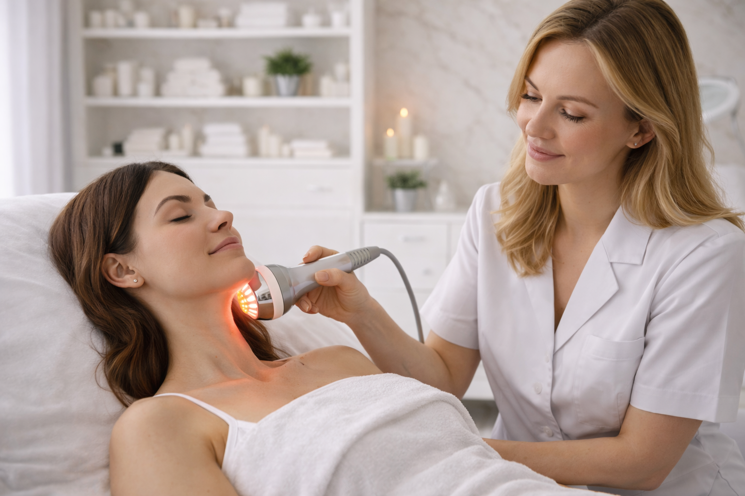 A serene treatment room with a skin tightening machine, featuring a modern design and soothing ambiance