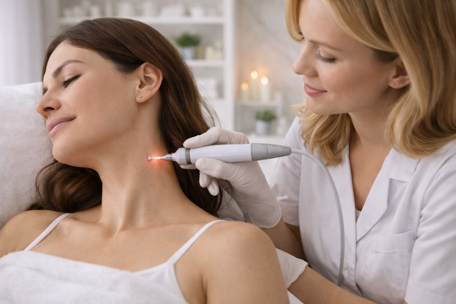 A treatment room with a skin imperfection removal machine, featuring a clean design and calming atmosphere