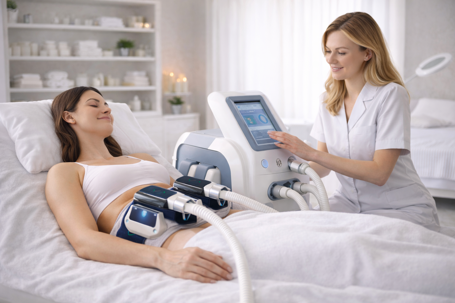 A treatment room with a muscle toning machine, featuring a sleek design and calming atmosphere