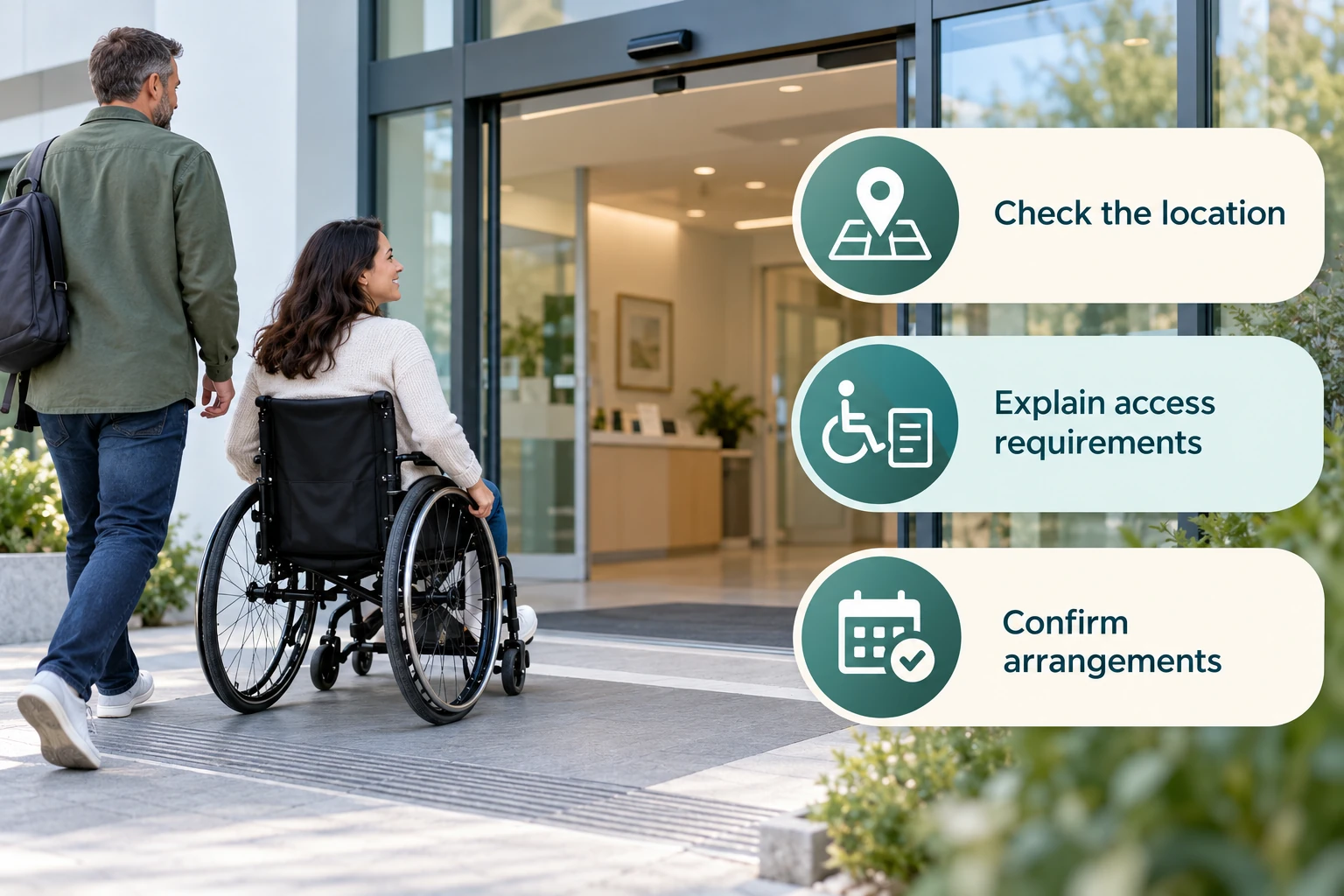 Practical accessibility: Check the location; Explain access requirements; Confirm arrangements