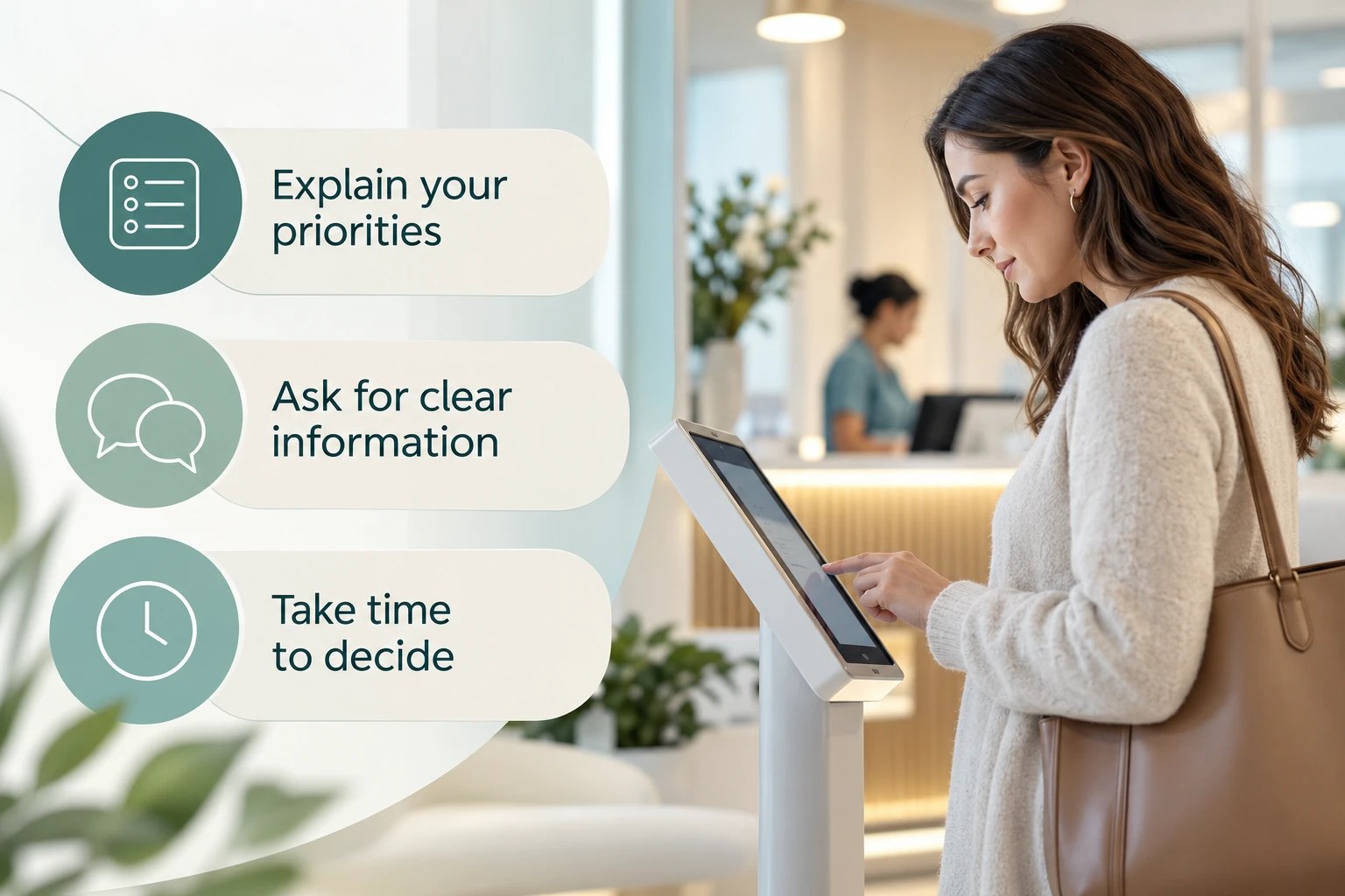 The approach behind your next decision: Explain your priorities; Ask for clear information; Take time to decide