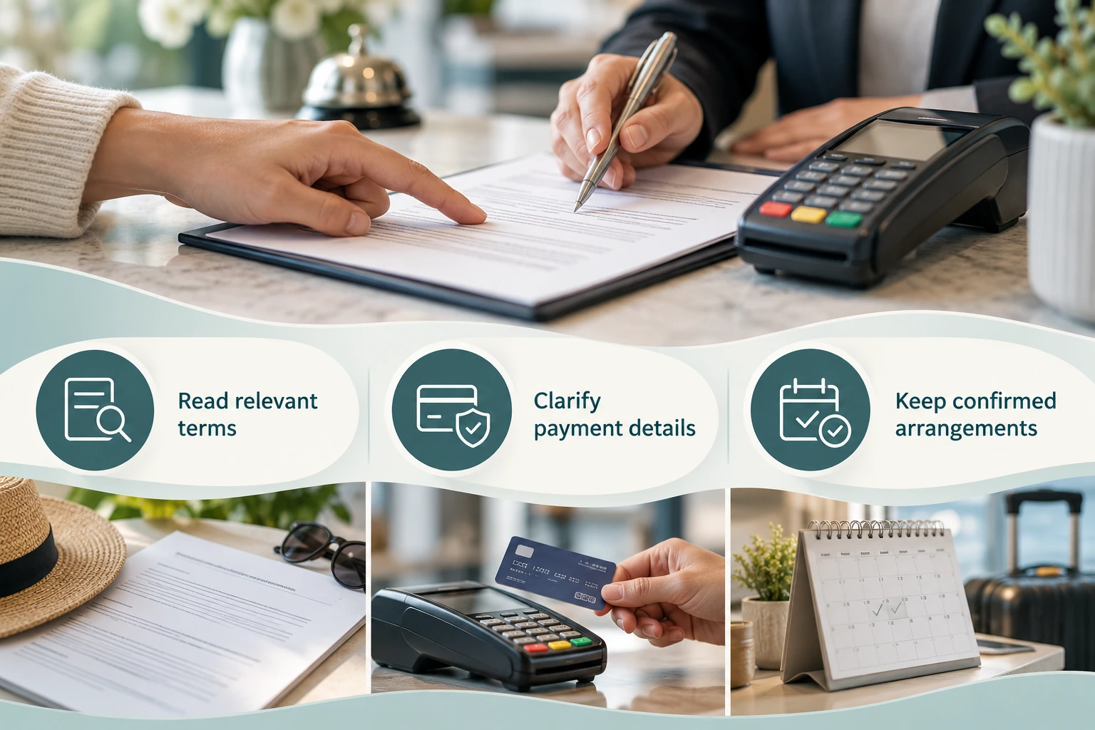 Customer care and booking conditions: Read relevant terms; Clarify payment details; Keep confirmed arrangements
