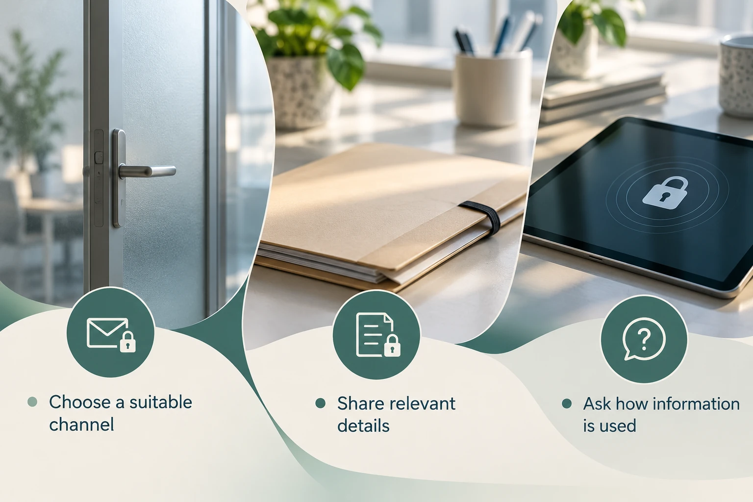 Confidentiality and informed sharing: Choose a suitable channel; Share relevant details; Ask how information is used