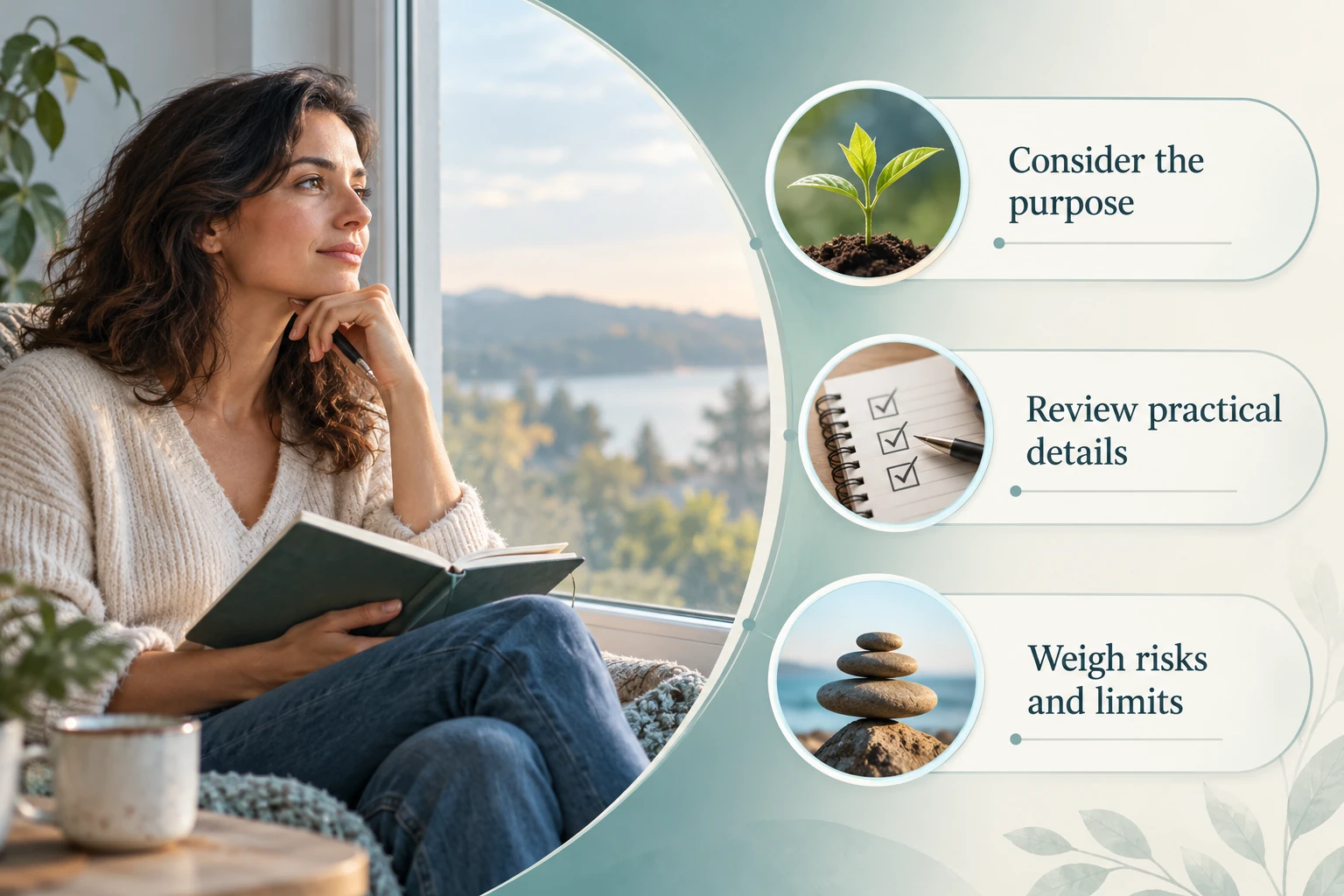 An informed decision: Consider the purpose; Review practical details; Weigh risks and limits