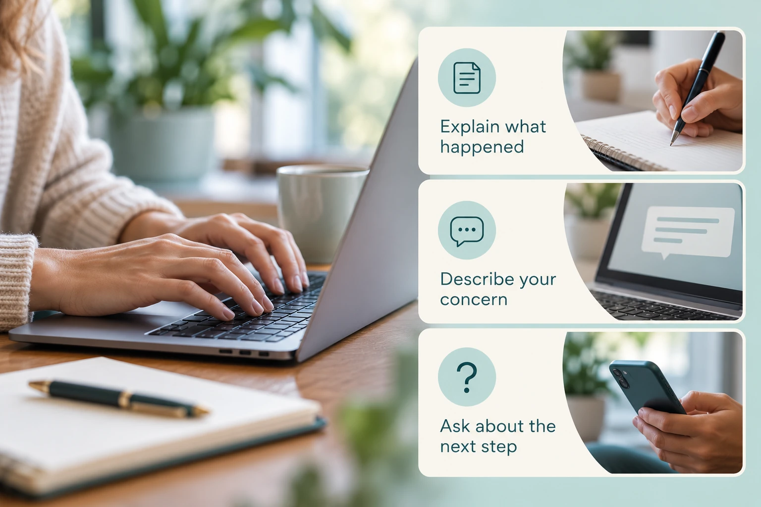 Feedback and customer care: Explain what happened; Describe your concern; Ask about the next step