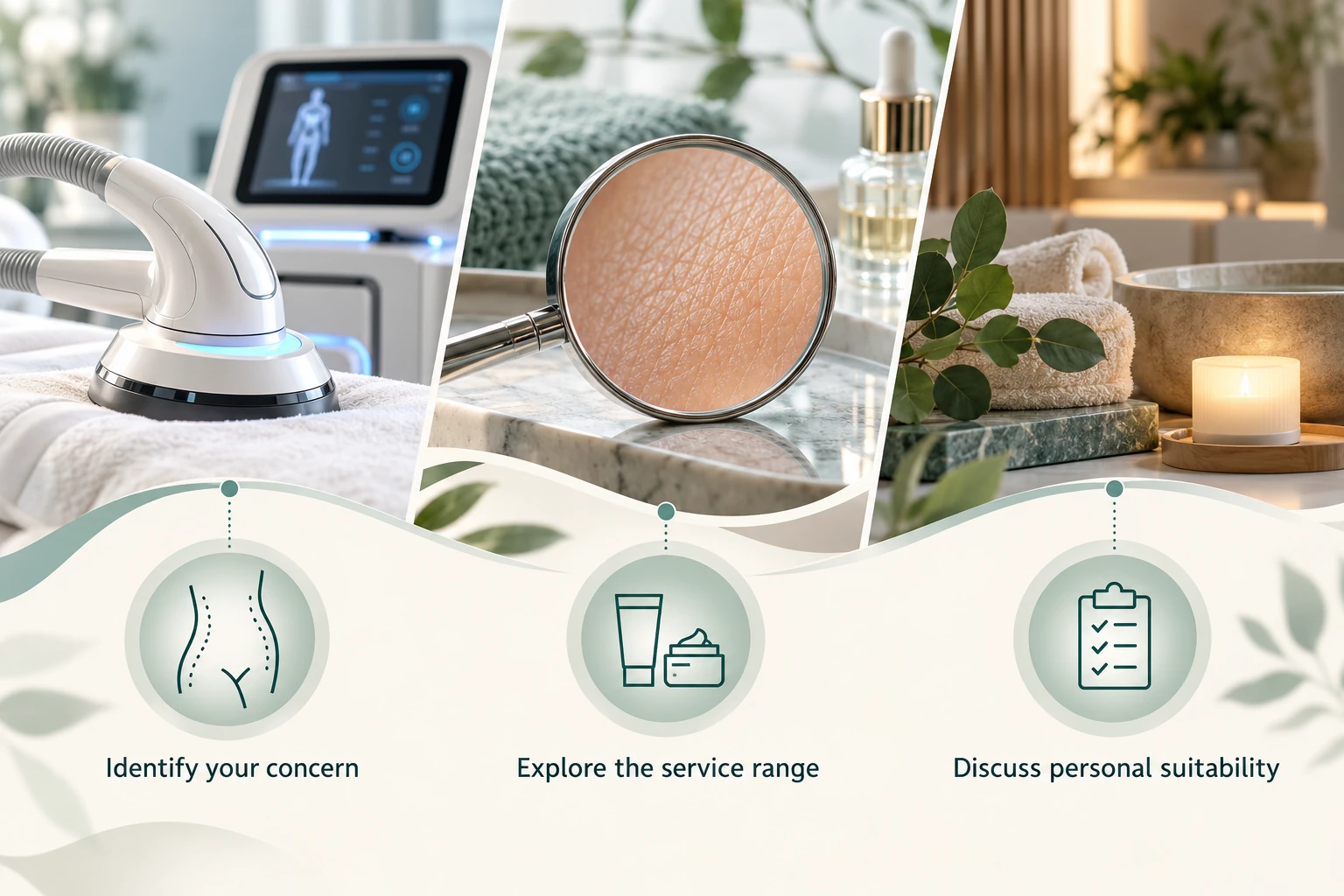 Body skin and wellbeing services: Identify your concern; Explore the service range; Discuss personal suitability