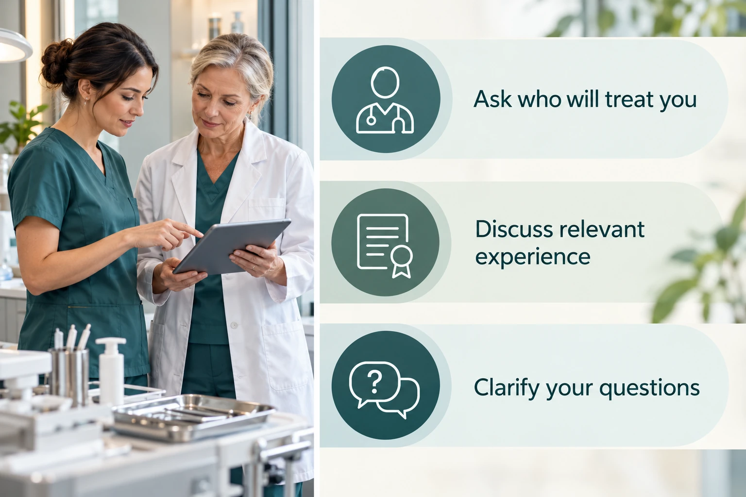 People behind an appointment: Ask who will treat you; Discuss relevant experience; Clarify your questions