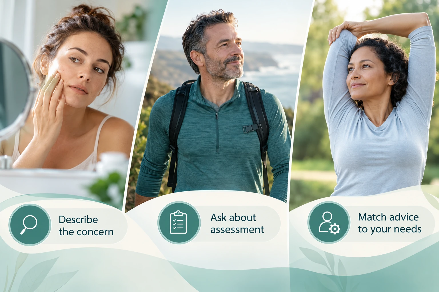 Different conversations for body skin and wellbeing: Describe the concern; Ask about assessment; Match advice to your needs