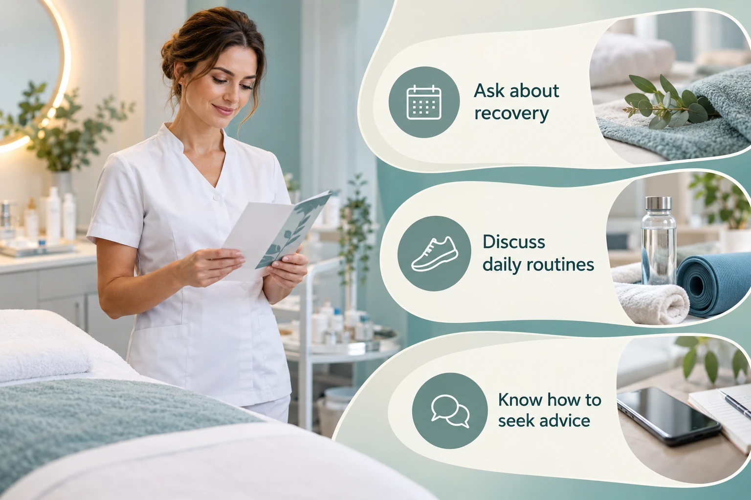 Service-specific aftercare questions: Ask about recovery; Discuss daily routines; Know how to seek advice